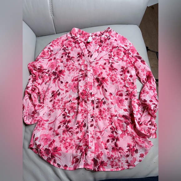 Kut from the Kloth Pink Floral Cherry Blossom Mesh Button Up Blouse Size Xs - Picture 2 of 8